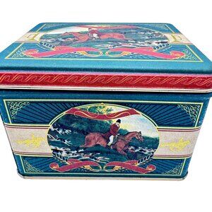 Vtg English Tin Canister Blue Gold Hunting Motif & Tea Biscuit Storage